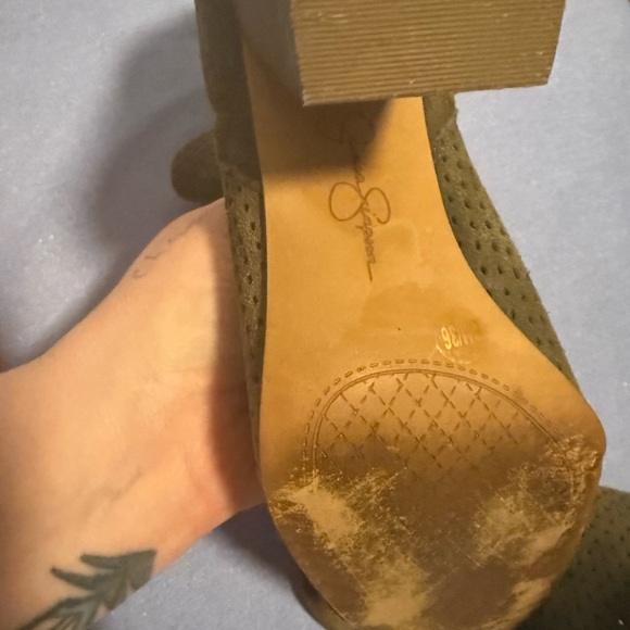 Jessica Simpson Brown and Green Heeled Boots with Peep-Toe and Chunky Heel - Picture 7 of 7